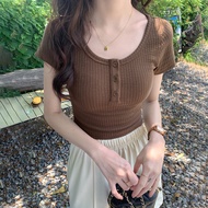 【WJZ】Women's Fashion Solid Color Slim Fit Button Design Short Sleeve Knit Top【5796】