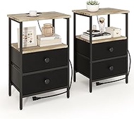 Acovy Nightstand with Charging Station, Side Table with Fabric Drawers, 3-Tier Storage End Table, Bedside Table with USB Ports &amp; Outlets（Set of 2）