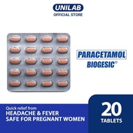 Unilab Biogesic 20 Tablets - 500mg Paracetamol for Quick Relief of Headache and Fever