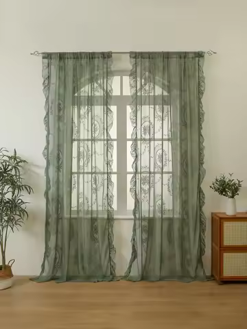 Green Lace Curtains 84 Inches Long 1 Panels Set, Boho Sheer Florals Scallop Ruffle, Shabby Chic Vint