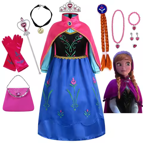 Disney Frozen Princess Anna Dress With Print Cape Girls Snow Queen Elsa's Sister Costume Play Toddle