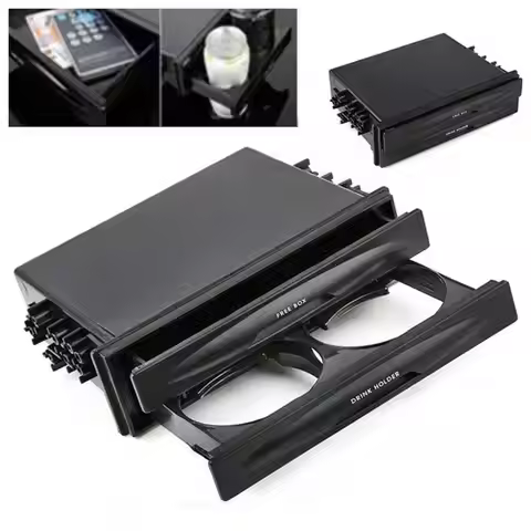 Universal 2 In 1 Car Radio Storage Box Multi Purpose ABS 1DIN 2 Layer Black Cup Holder For Collectin