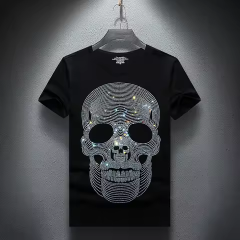 Casual T-shirt Men 2020 Summer Short Sleeve Fashion Streetwear O-Neck Slim Cotton Tshirts Rhinestone