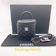 Chanel 22k Handbag Vanity Case With Chain Calfskin Black 鏈帶 鏡子 盒子 化妝包 荔枝皮 黑金