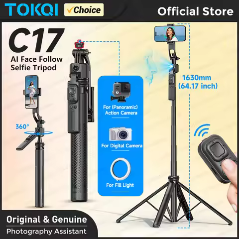 TOKQI C17 Selfie Tripod for Cell Phone 360°Auto-Rotation AI Tracking Shooting Quadrapod with Remote 
