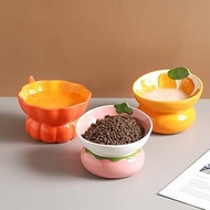 Cute Pumpkin Shape Raised Ceramic Cat Water Bowl, 9 Ounces