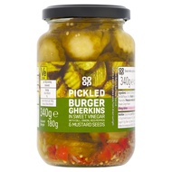 CO-OP Pickled Burger Gherkins in Sweet Vinegar With Dill, Onion, Red Pepper and Mustard Seeds 340g