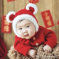 ❈☄❣ novo chinês bebê foto roupas estúdio infantil fotografia vermelho malha chapéu macacão recém-nascido shoot adereços acessórios traje