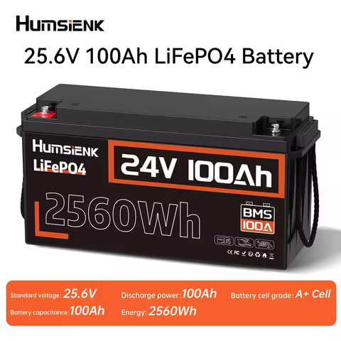 Humsienk 24V 100Ah LiFePO4 Battery 15000 Cycle 100A BMS UP 2560W For RV, Camper, Solar, Marine, Off-
