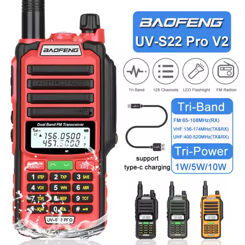 Baofeng UV-S22 Pro V2 Walkie Talkie IP68 Waterproof 128CH FM Radio Dual Band 136-174/400-520MHz Ham 