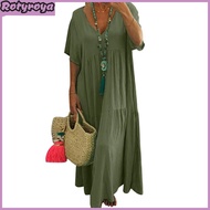 Women Summer Cotton Linen Maxi Dress Loose Short Sleeve V-Neck Flowy Dress Casual Tiered Beach Swing