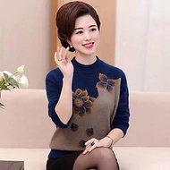 (HÀNG SẴN KHO) Áo len trung niên cổ cao phối họa tiết hoa sen_áo ấm thu đông cho bà cho mẹ