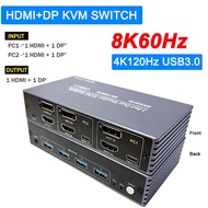 8K 2X2 HDMI DP KVM Switch 4K120Hz 2 in 2 Out 4 Port USB 3.0 Share Keyboard Mouse Laptop PC Monitor