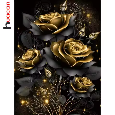 Huacan New Arrivals 2025 Diamond Painting Black Gold Rose Diamond Mosaic Flower Complete Kit Home De