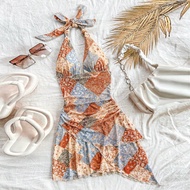 WYWH ผู้หญิง Knot Halter คอ V คอหน้าอกคัพ,ไม่สมมาตร Layered Ruffle Hem, Paisley Retro พิมพ์มินิชุด