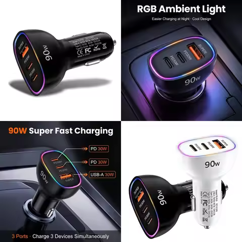 90W USB C Car Charger Multi Port Super Fast Charging Dual PD 30W Type C USB A 30W Adapter for Laptop