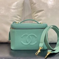 Chanel vintage 薄荷綠荔枝皮大logo手提箱化妝箱