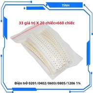 660 Chiếc Điện Trở SMD Các Loại Bộ Dung Lượng 1% 33 Giá Trị 20 Chiếc Mỗi PLR 0201 Đến 1206 Kích Cỡ 1