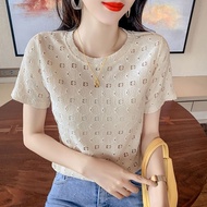 Lace Short-Sleeved T-Shirt Women Summer Korean Style New Fashion Thin Round Neck All-Match Top