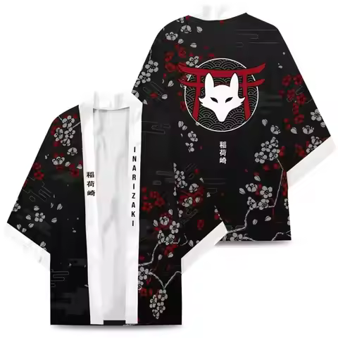 Japanese Inari Fox Print Kimono for Men Women Summer Asian Traditional Costume Yukata Haori Red Flor