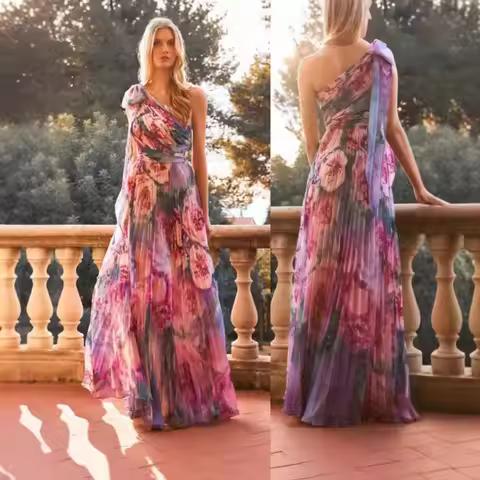 New Bohemian Summer Print Dress Long Skirt Bohemian Holiday Style Asymmetrical Shoulder Gathered Lol