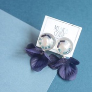 天然淡水珍珠 透明水晶球 (深藍色) 花花 小花 夾式耳環