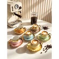 6pcs/1set 90ml/3.Oz Colorful Gold-Rimmed Coffee Cup & Saucer Set, Includes Coffee Cup And Tea Saucer