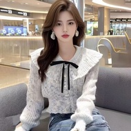 Sweater Women Pearl-Breasted Bow Knot Classy Narrow-Waist