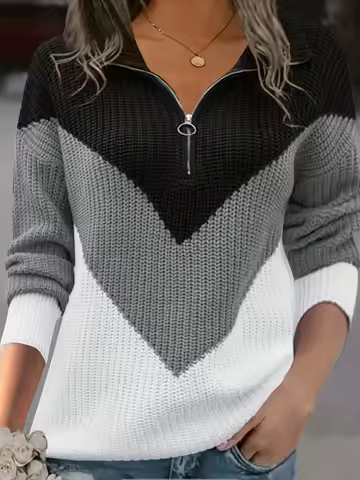 Color Blocked Shoulder Zipper Half Breasted Sweater