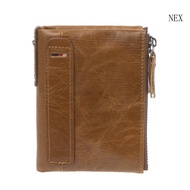 NEX Men Genuine Leather Double Zipper Wallet Cowhide Bifold Coin Purse Card Holder