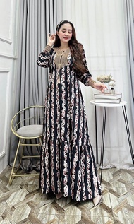 Longdress Rayon Renda Gamis Sultan Busui Motif Daun Kotak Bulat Garis Tali Belakang Rempel Bawah Bah