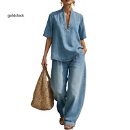 Classic Denim Outfit Women Women Summer Outfit Women’s Summer 2-piece Denim Set – Short Sleeve V Nec