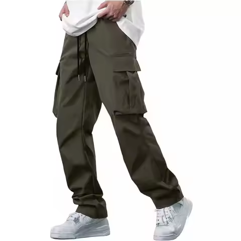 Men's Solid Color Drawstring Waist Multi Pocketed Cargo Long Pants Men Khaki Men Cargo Pants With Dr