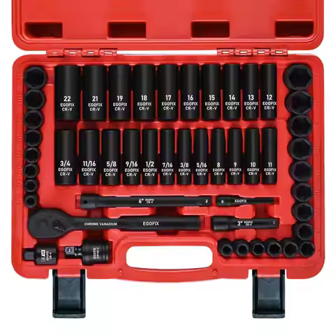 8 Drive Impact Socket Set, 50 Piece Standard SAE 5 16 to 3 4 inch and Metric 822mm 6 Point, with Adj