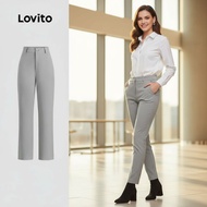 (Fashion_3) Lovito Elegant Pants Button Zipper Spring/summer Grey Pants for Women L143ED043 Seluar E