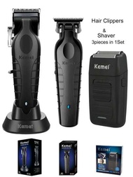 3件套Kemei品牌專業理髮器和剃鬚刀套裝，KM-2996理髮器，帶充電底座，KM-2299理髮器鬚修剪器，適用於雕刻頭部機器，KM-1102男士剃刀鬍鬚刨，可USB充電，適用於家用或理髮店沙龍使用