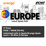 [Europe] 27 Days | 50GB/100GB(4G/5G) Data + Unlimited/50mins Calls | Local Spain SIM Card | No Registration Required