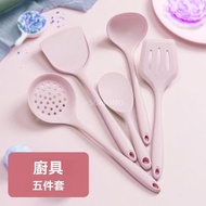 耐高溫鏟4件套｜不沾鍋專用炒菜鏟、耐高溫食品級矽膠鍋鏟、大漏勺、煎鏟、飯勺廚具組合－粉紅色【鍋鏟＋湯勺＋漏勺＋煎鏟＋飯勺】