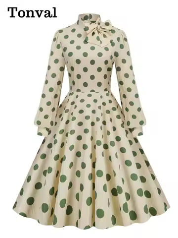 Tonval Bow Neck Bishop Sleeve Vintage Polka Dot Print Elegant Midi Dress 2023 Spring Fall Outfits Wo