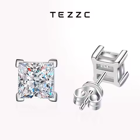 Tezzc 1ct Princess Cut Moissanite Earrings Studs for Women 925 Silver with Gold Plated Diamond Spark
