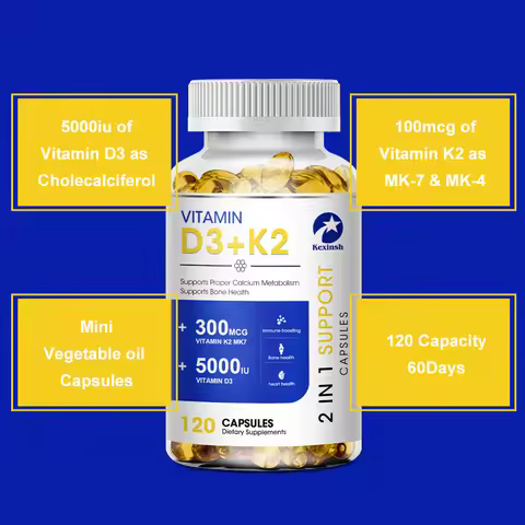 Kexinsh Vitamin D3K2 Capsules 5000iu Vitamin D3 300mcg K2 Support Teeth Bone Heart Health Joint Heal