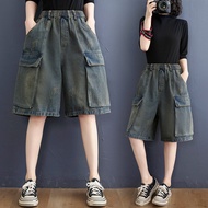 Retro Faded Distressed Demin shorts Women Summer New 2023 Loose Plus size Fashion Cargo Wide Leg Pants
