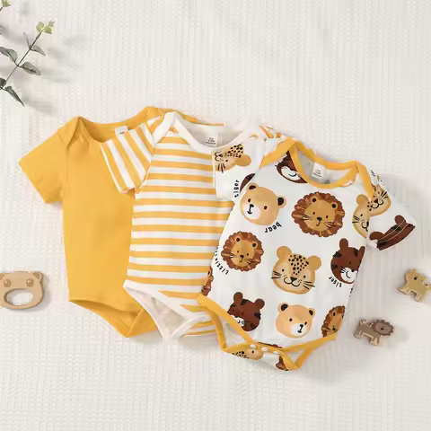 3PCS Bundle Romper Newborn Baby Boy Plain Striped Animal Print Shorts Sleeve Jumpsuit Set Summer Wea