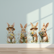 4 Piece Rabbit Flowers Wall Art Stickers - Adorable Home Accent for Bathroom, Living Room, Bedroom, 