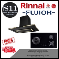 Rinnai RH-C1059-PBR Sleek &amp; Stylish Matt Black Design Plasma Filter Technology  Chimney Hood + Fujioh FH-GS5030 SVGL Black Glass Gas Hob  With 3 Different Burner Size BUNDLE DEAL - FREE DELIVERY