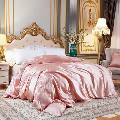 Solid Color Bedding Set with Silk Duvet Cover Bed Sheet Pillowcase Luxury Satin Bedsheet King Queen