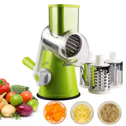 LMETJMA Manual Rotary Vegetable Slicer Cutter Kitchen Vegetable Cheese Grater Chopper with 3 Sharp S