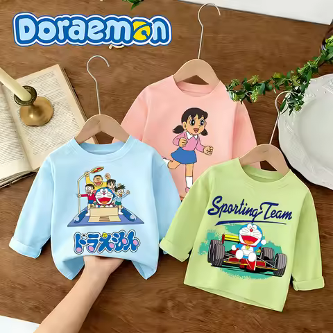 Doraemon Long Sleeved T-shirt Spring Autumn Clothes Kawaii Cartoon Print O-Neck Tops Tee Casuals Out