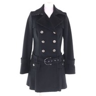 成色極佳的BURBERRY BLUE LABEL LABEL FNF04-716-09 羊毛大衣，配有腰帶、logo金屬紐扣、格紋襯裡和褶襉下擺，黑色，尺碼38，正品，女款