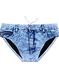 Mandylandy Fashion 3D Printing Men's Sexy Imitation Denim Underwear Beach Shorts Young Men Jeans Briefs Underpants